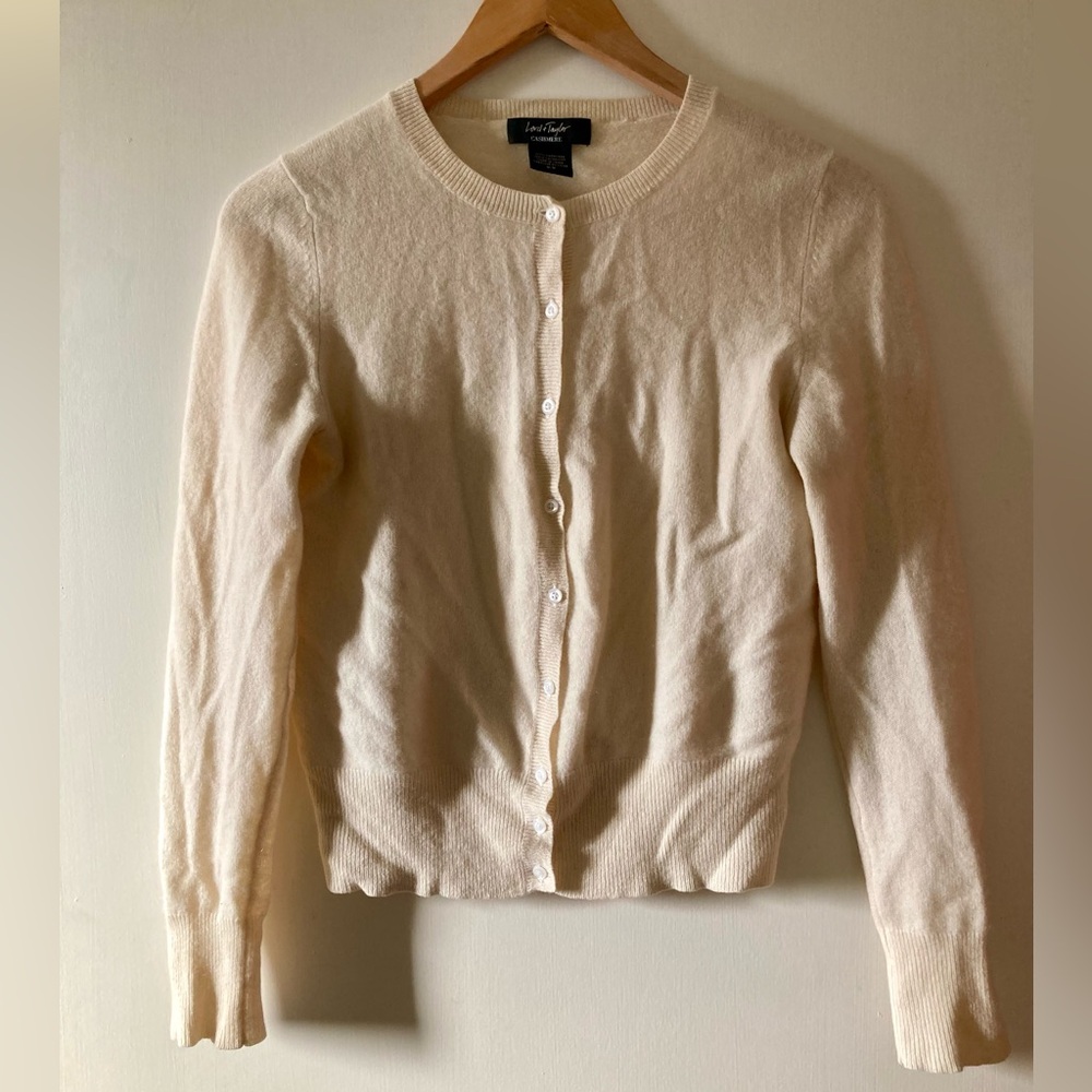 Lord and Taylor Cream Cashmere Cardigan Sweater, medium